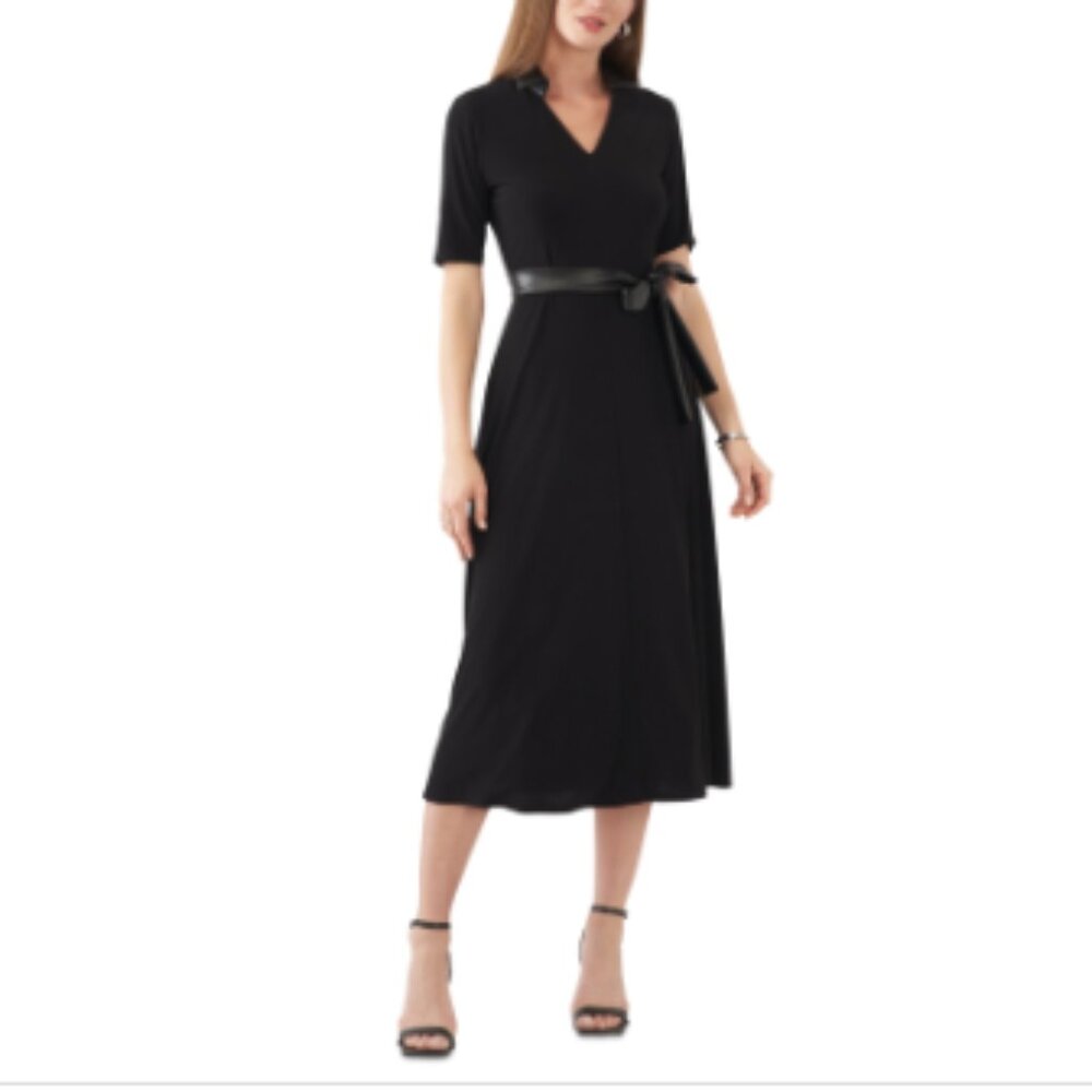 Petites Womens Faux Leather Trim Polyester MIDI Dress